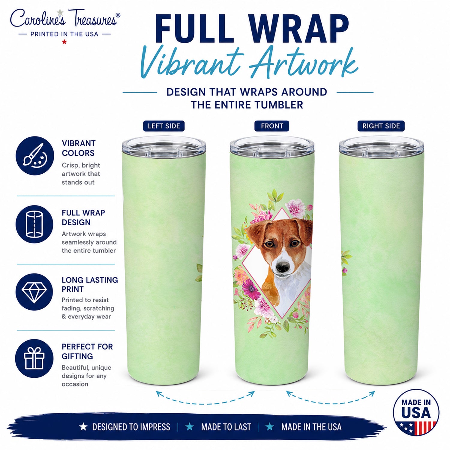Jack Russell Terrier #2 Green Flowers Stainless Steel Skinny Tumbler 20 oz Vacuum Double Walled Reusable Insulated Travel Cup