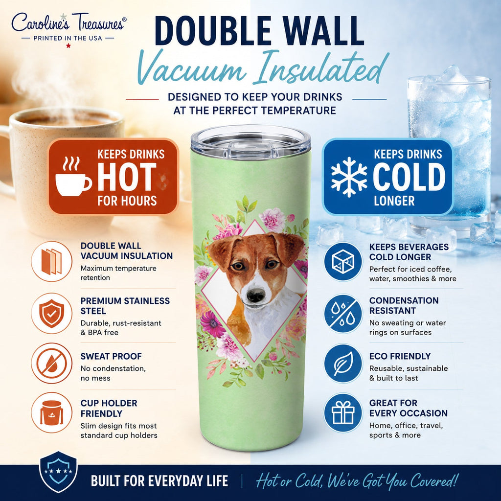Jack Russell Terrier #2 Green Flowers Stainless Steel Skinny Tumbler 20 oz Vacuum Double Walled Reusable Insulated Travel Cup
