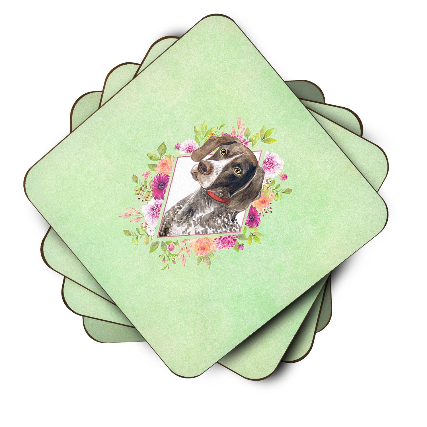German Shorthaired Pointer Green Flowers Foam Coasters Set of 4 Cup Coasters for Indoor Outdoor, Tabletop Protection, Anti Slip, Mouse pad Material