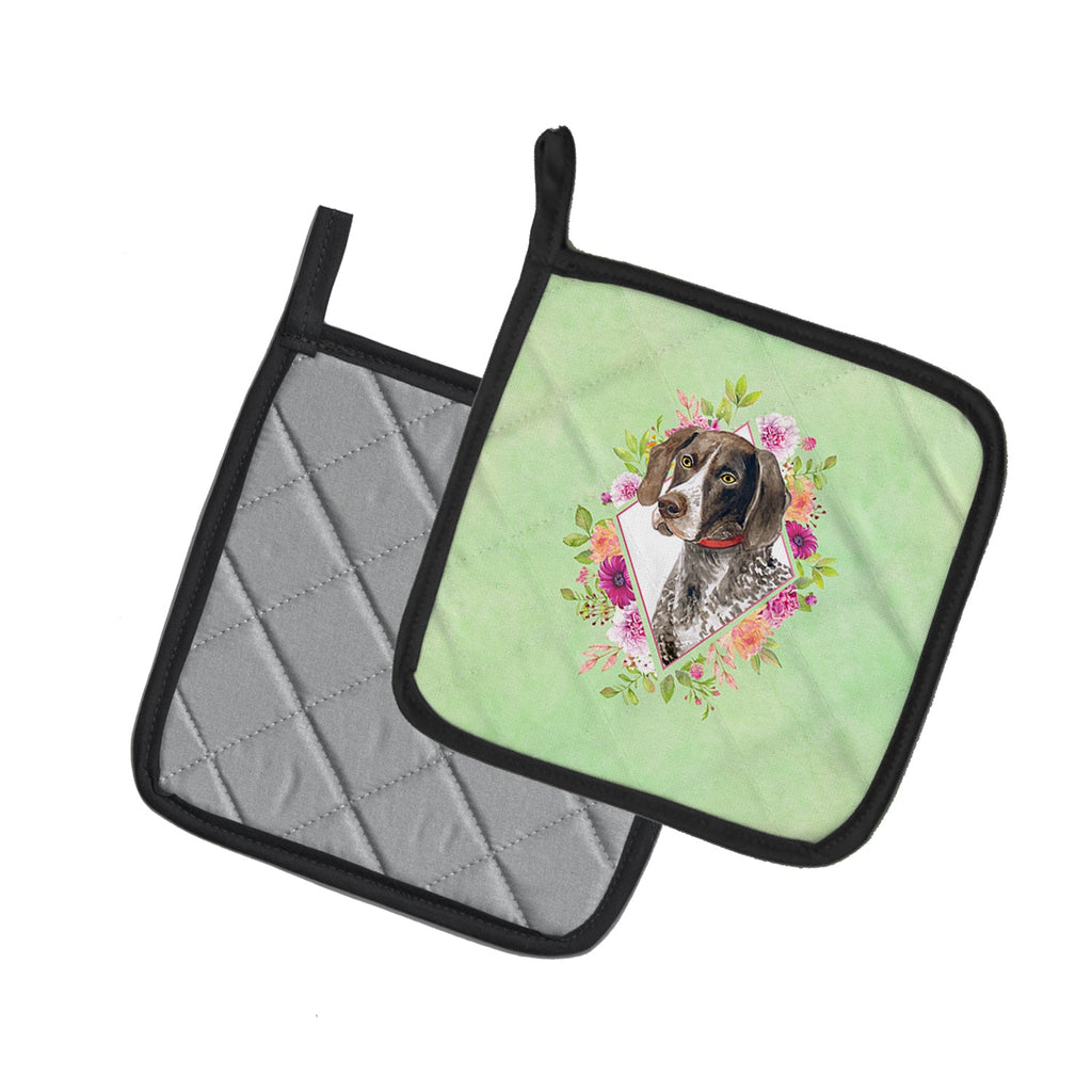 German Shorthaired Pointer Green Flowers Pot Holder Set of 2 Heat Resistant Quilted Hot Pads 7.5 x 7.5 Inch, Insulated Kitchen Trivets for Cooking & Baking