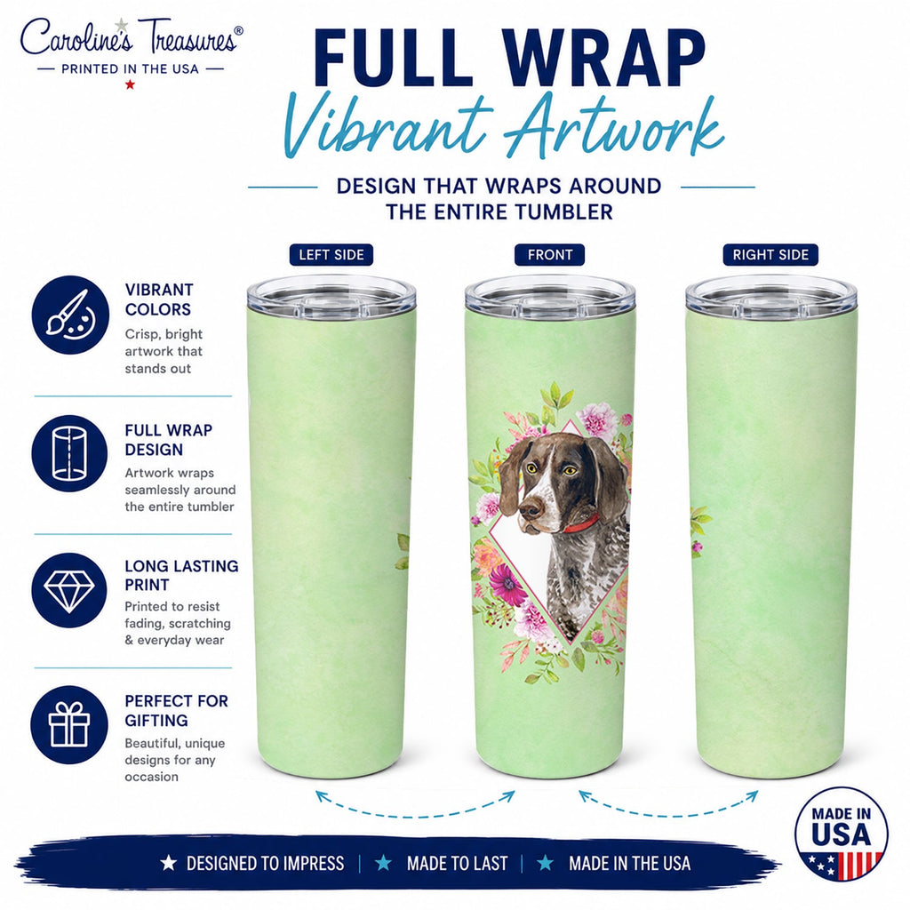 German Shorthaired Pointer Green Flowers Stainless Steel Skinny Tumbler 20 oz Vacuum Double Walled Reusable Insulated Travel Cup