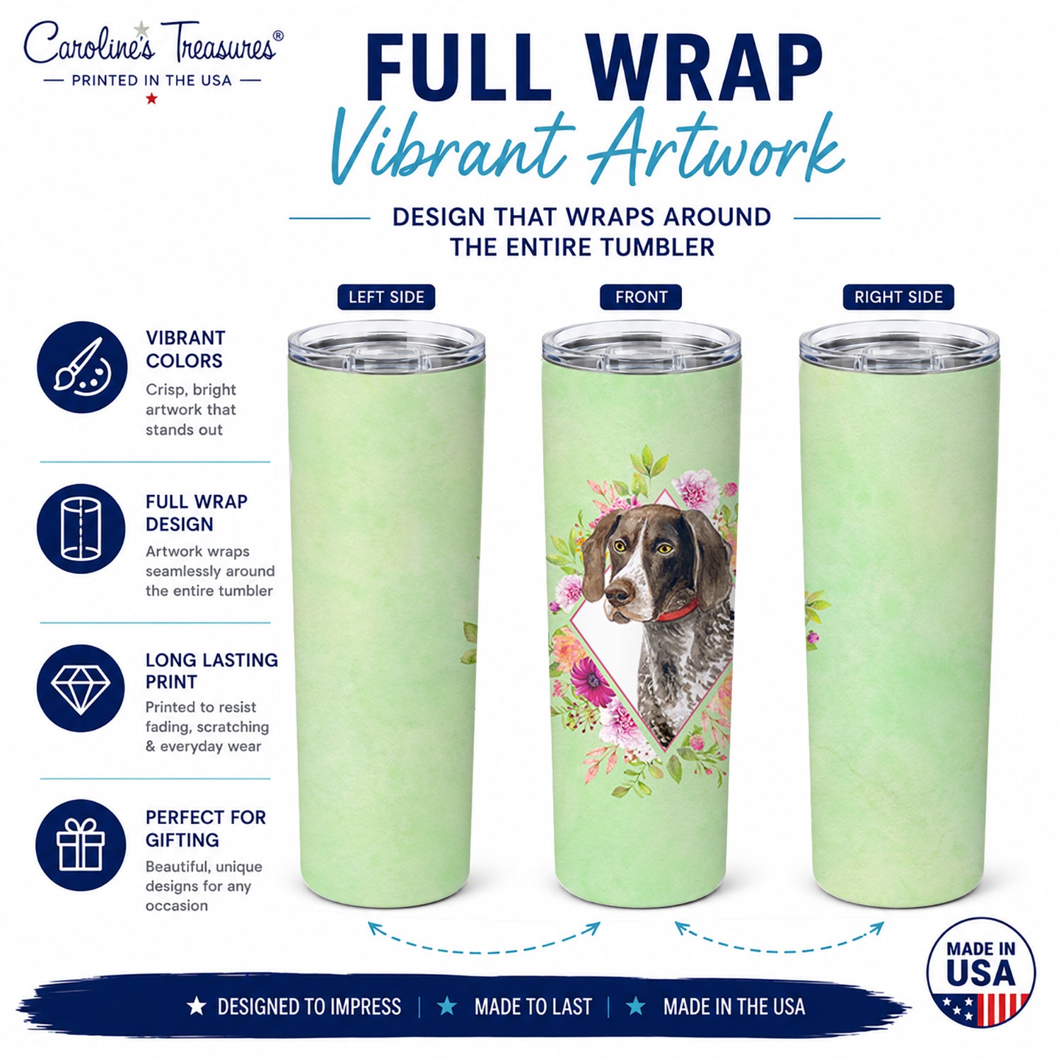 German Shorthaired Pointer Green Flowers Stainless Steel Skinny Tumbler 20 oz Vacuum Double Walled Reusable Insulated Travel Cup