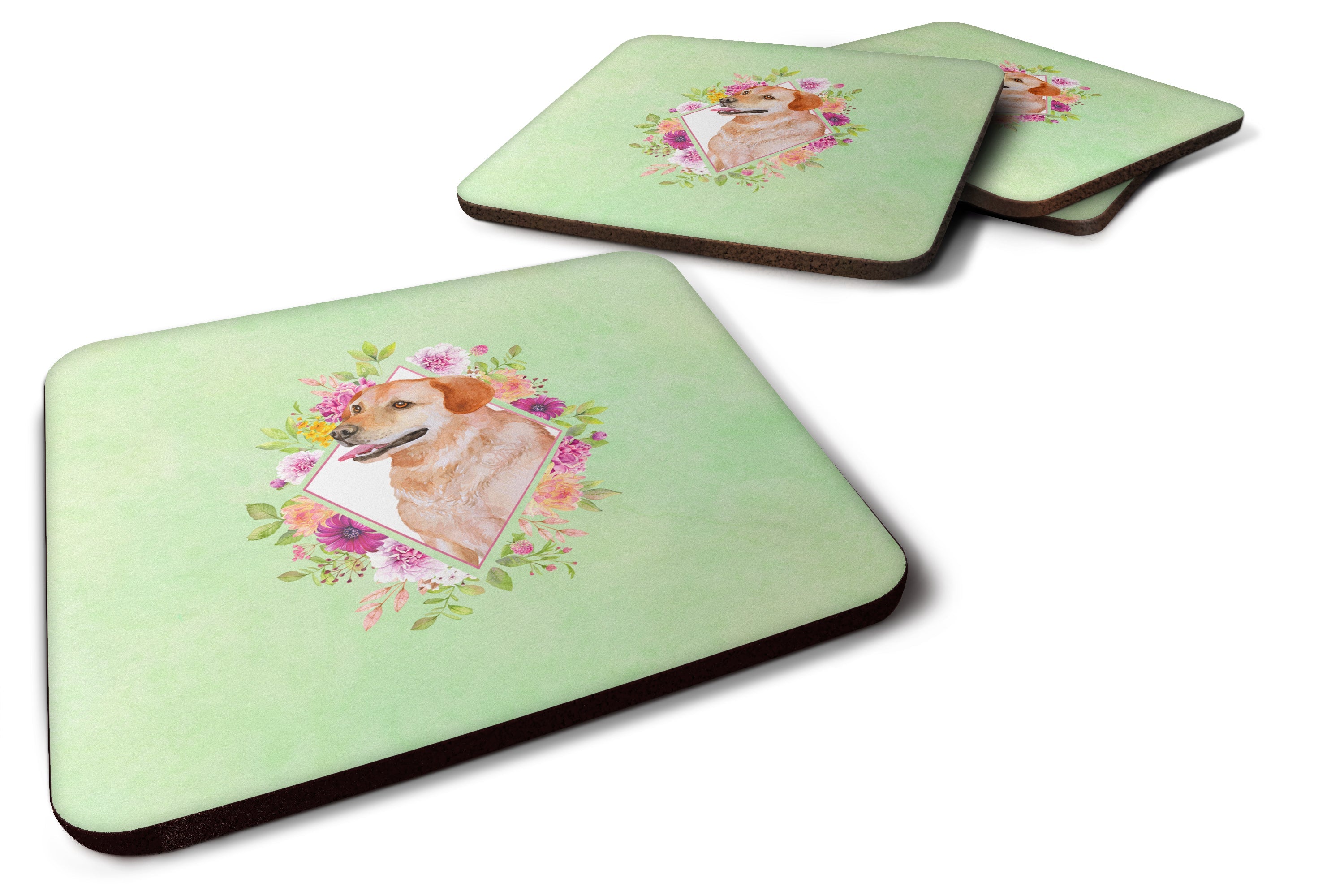 Yellow Labrador Retriever Green Flowers Foam Coasters Set of 4 Cup Coasters for Indoor Outdoor, Tabletop Protection, Anti Slip, Mouse pad Material