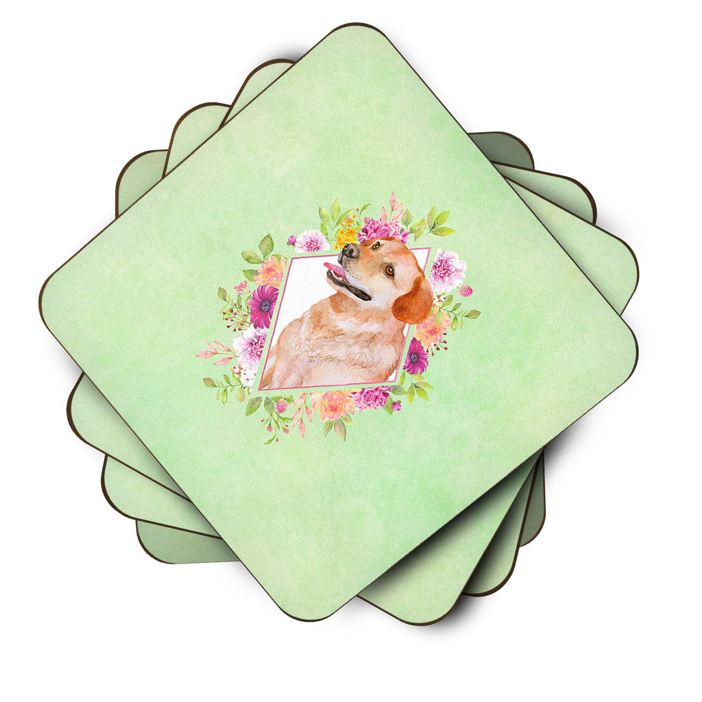 Yellow Labrador Retriever Green Flowers Foam Coasters Set of 4 Cup Coasters for Indoor Outdoor, Tabletop Protection, Anti Slip, Mouse pad Material