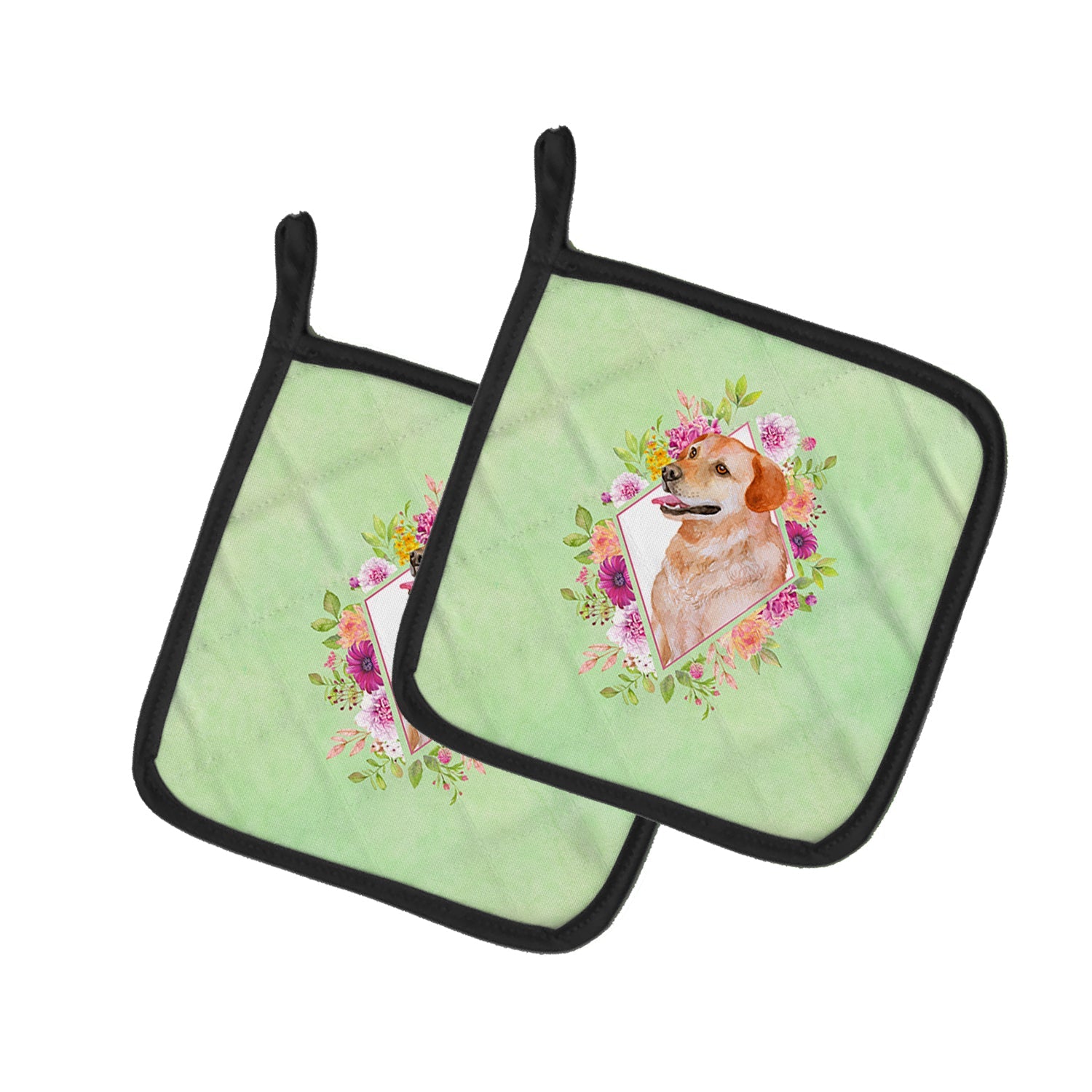 Yellow Labrador Retriever Green Flowers Pot Holder Set of 2 Heat Resistant Quilted Hot Pads 7.5 x 7.5 Inch, Insulated Kitchen Trivets for Cooking & Baking