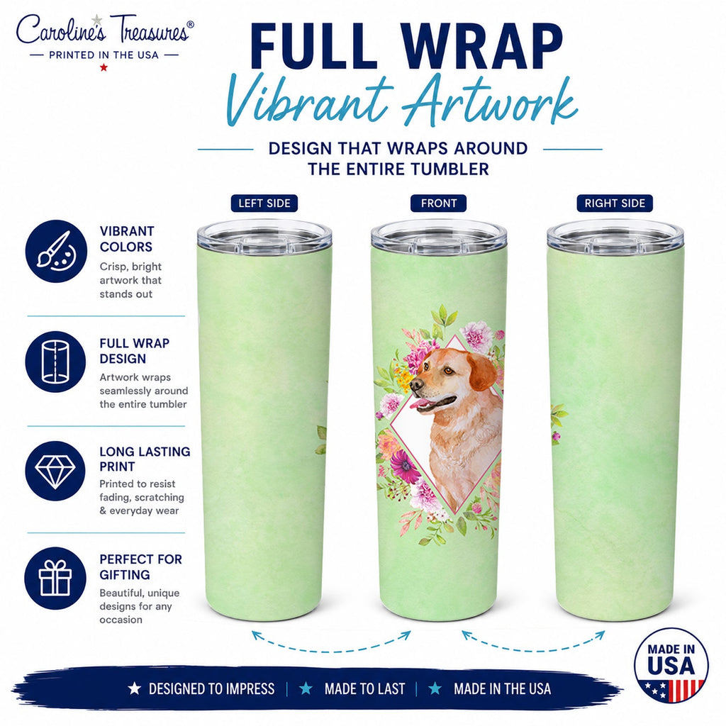 Yellow Labrador Retriever Green Flowers Stainless Steel Skinny Tumbler 20 oz Vacuum Double Walled Reusable Insulated Travel Cup