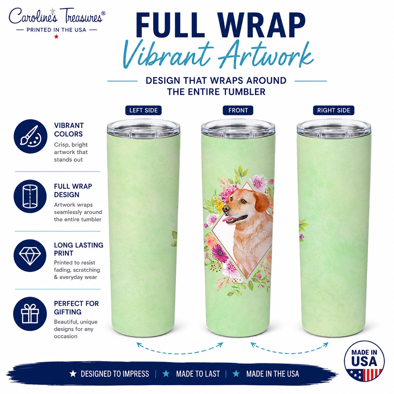 Yellow Labrador Retriever Green Flowers Stainless Steel Skinny Tumbler 20 oz Vacuum Double Walled Reusable Insulated Travel Cup