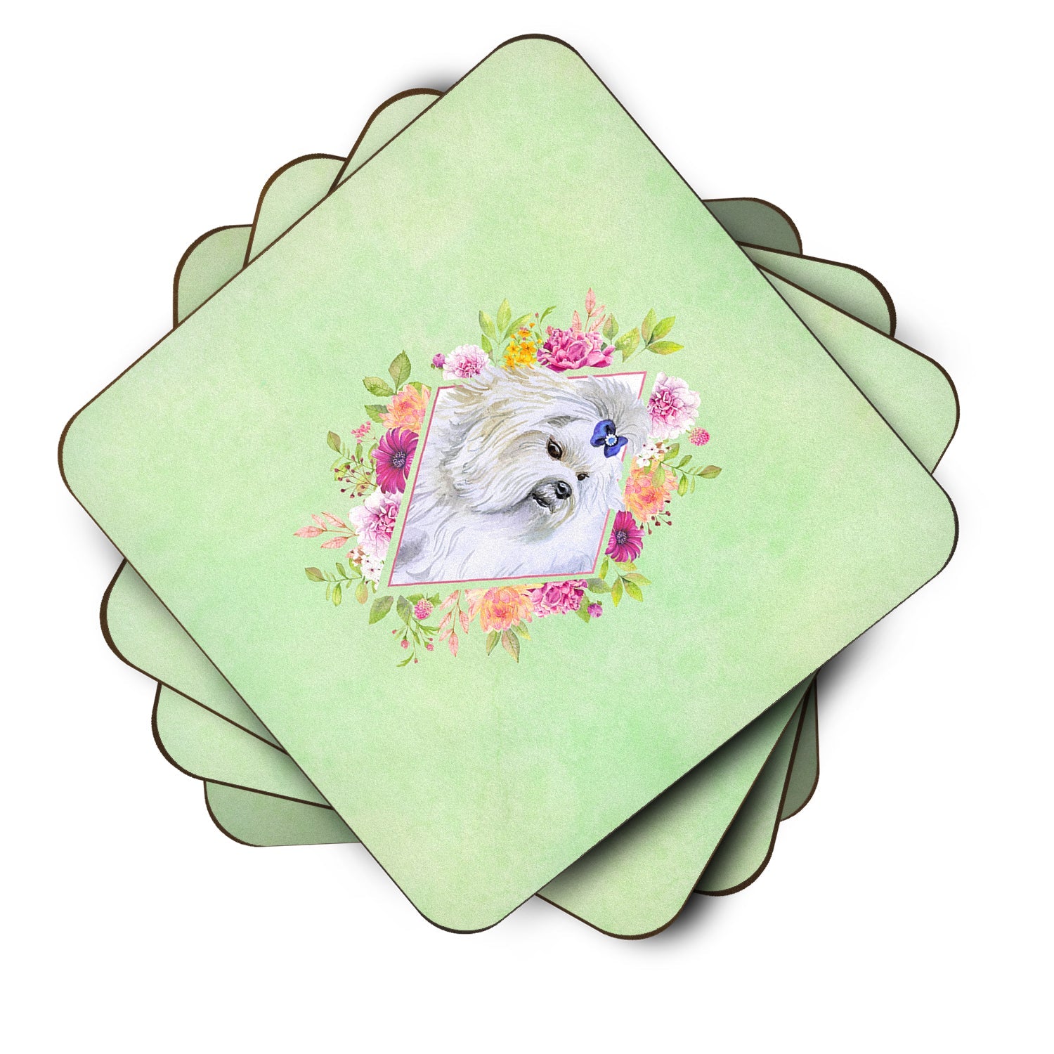 Maltese Green Flowers Foam Coasters Set of 4 Cup Coasters for Indoor Outdoor, Tabletop Protection, Anti Slip, Mouse pad Material