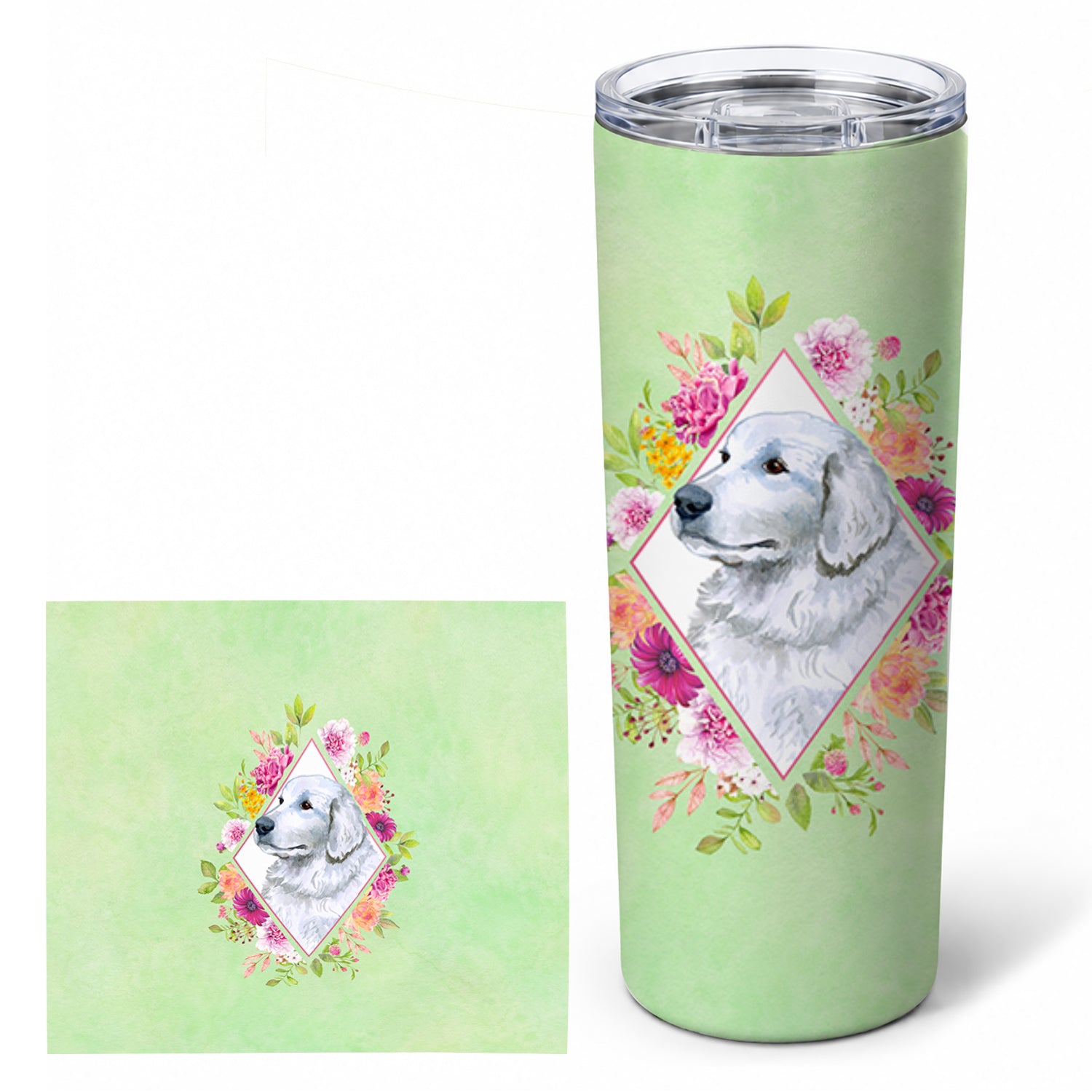 Great Pyrenees Green Flowers Stainless Steel Skinny Tumbler 20 oz Vacuum Double Walled Reusable Insulated Travel Cup
