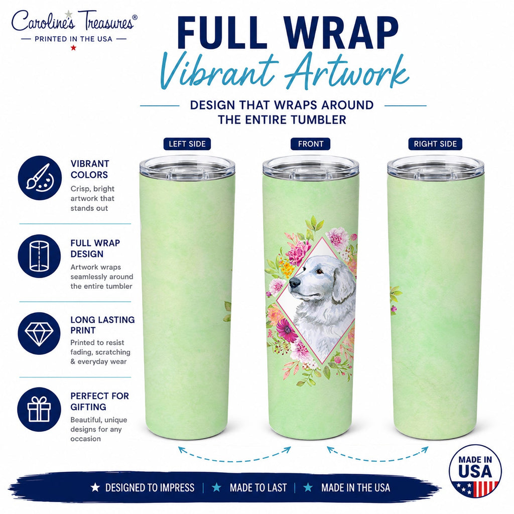 Great Pyrenees Green Flowers Stainless Steel Skinny Tumbler 20 oz Vacuum Double Walled Reusable Insulated Travel Cup