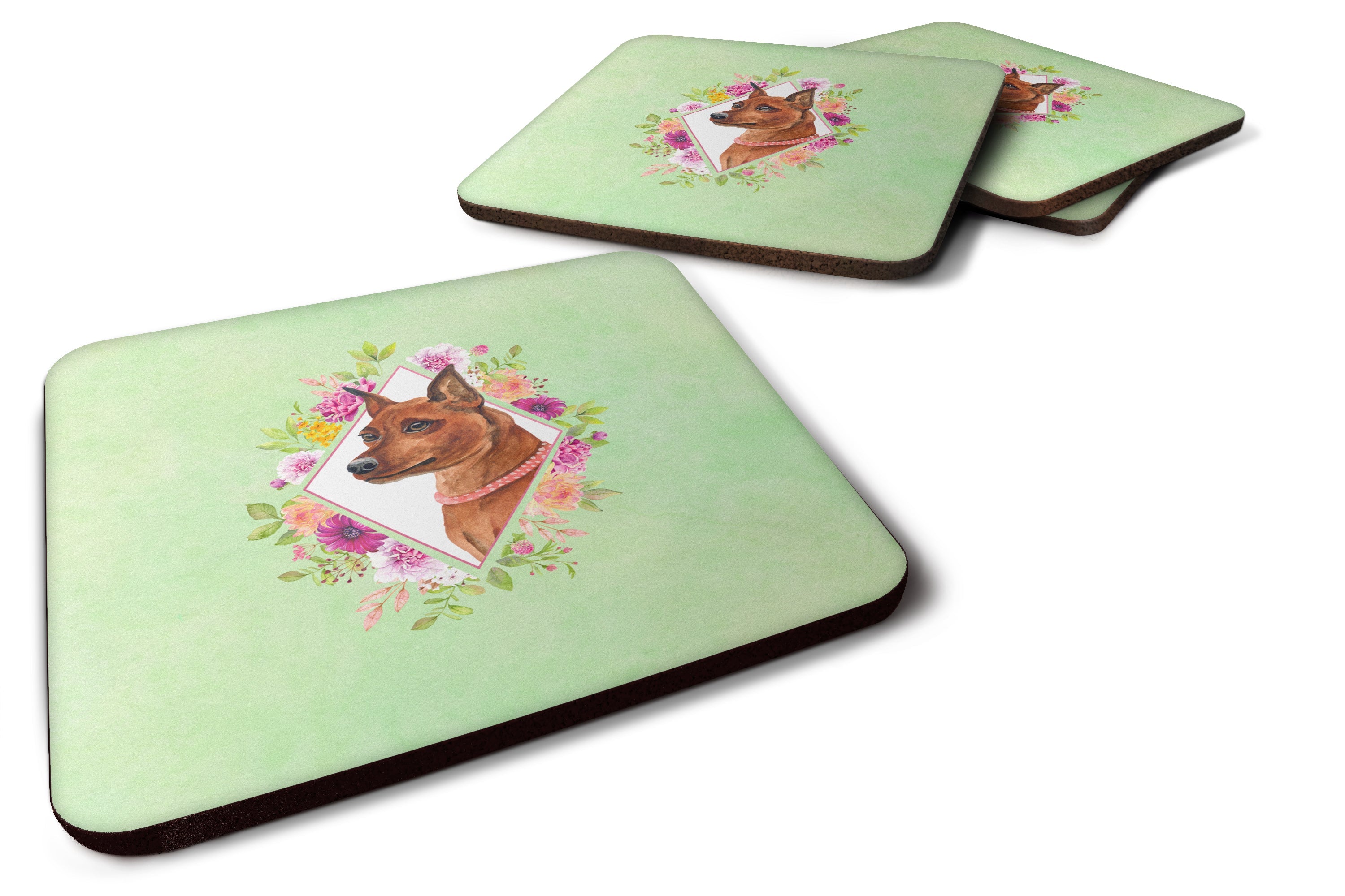 Miniature Pinscher Green Flowers Foam Coasters Set of 4 Cup Coasters for Indoor Outdoor, Tabletop Protection, Anti Slip, Mouse pad Material