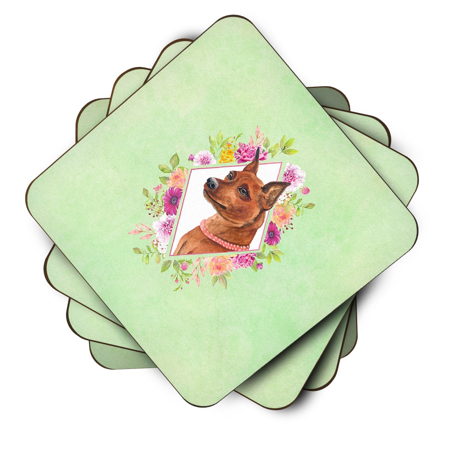 Miniature Pinscher Green Flowers Foam Coasters Set of 4 Cup Coasters for Indoor Outdoor, Tabletop Protection, Anti Slip, Mouse pad Material