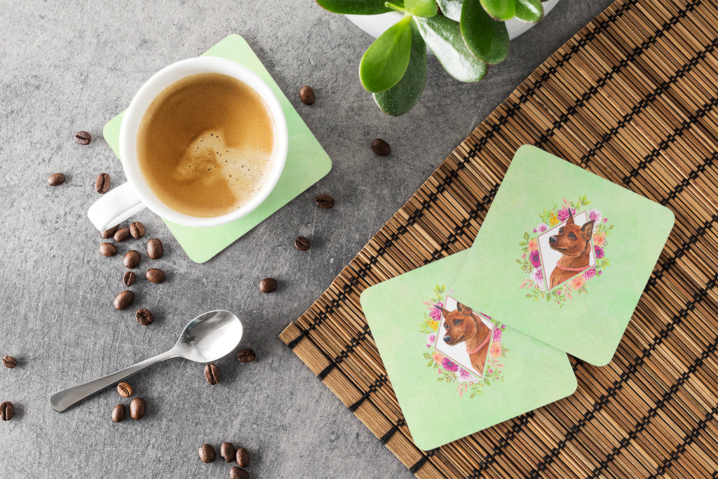 Miniature Pinscher Green Flowers Foam Coasters Set of 4 Cup Coasters for Indoor Outdoor, Tabletop Protection, Anti Slip, Mouse pad Material