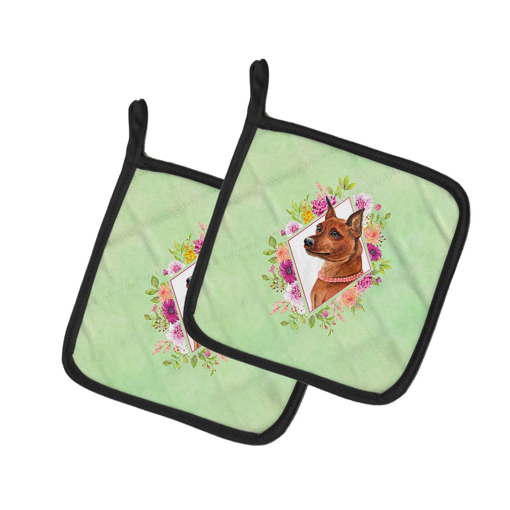 Miniature Pinscher Green Flowers Pot Holder Set of 2 Heat Resistant Quilted Hot Pads 7.5 x 7.5 Inch, Insulated Kitchen Trivets for Cooking & Baking