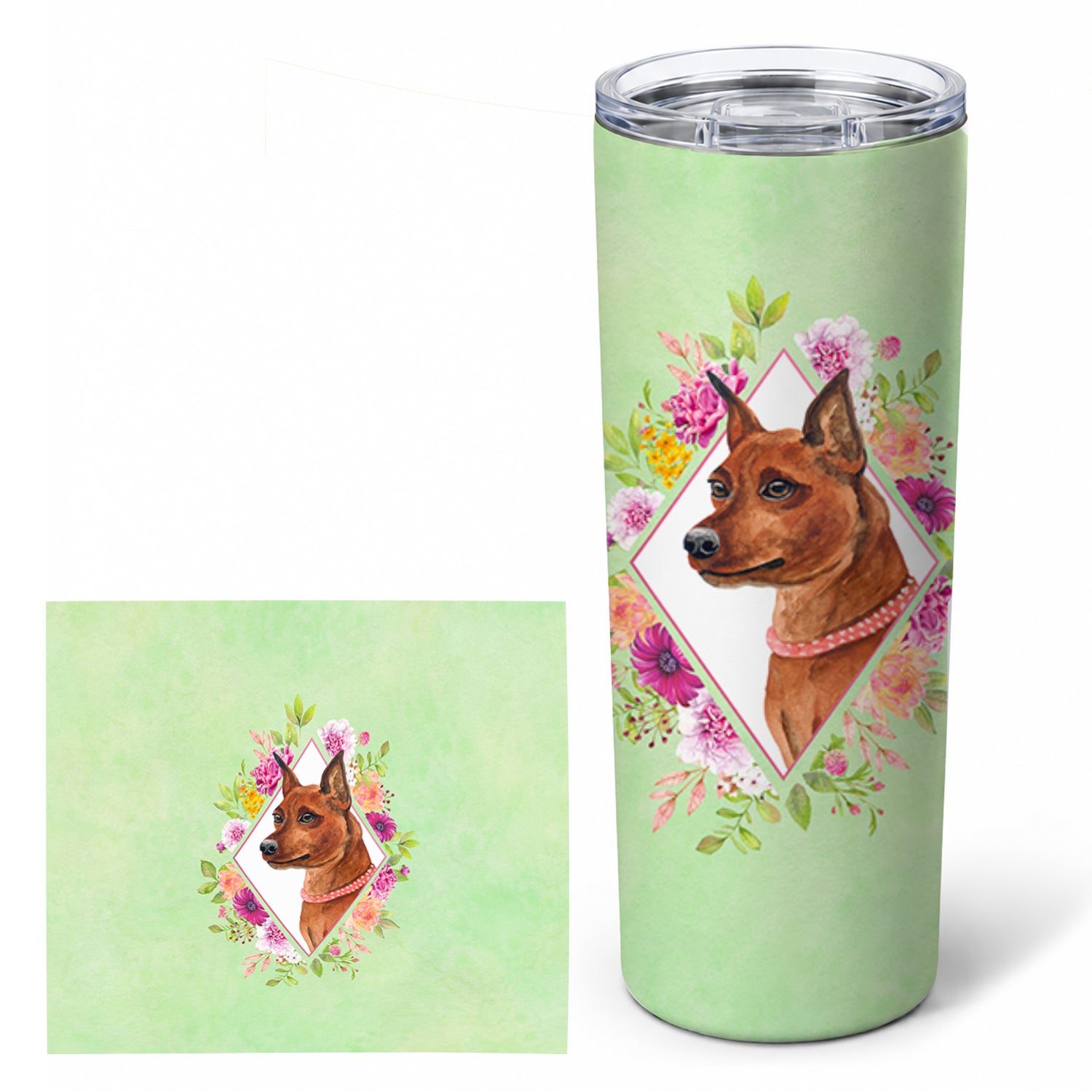 Miniature Pinscher Green Flowers Stainless Steel Skinny Tumbler 20 oz Vacuum Double Walled Reusable Insulated Travel Cup