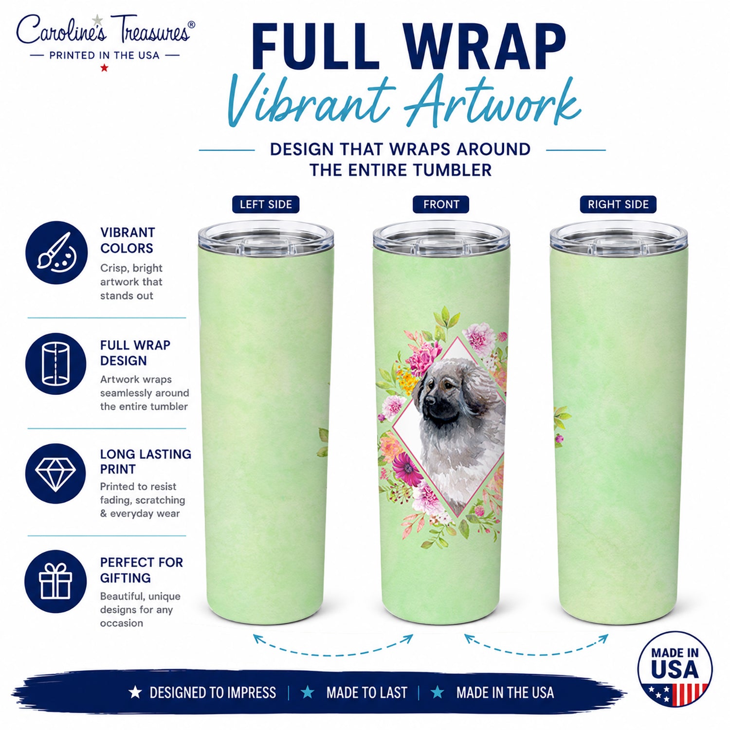Moscow Watchdog Green Flowers Stainless Steel Skinny Tumbler 20 oz Vacuum Double Walled Reusable Insulated Travel Cup