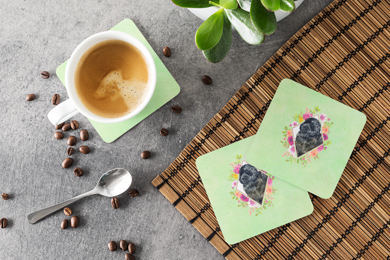 Newfoundland Green Flowers Foam Coasters Set of 4 Cup Coasters for Indoor Outdoor, Tabletop Protection, Anti Slip, Mouse pad Material