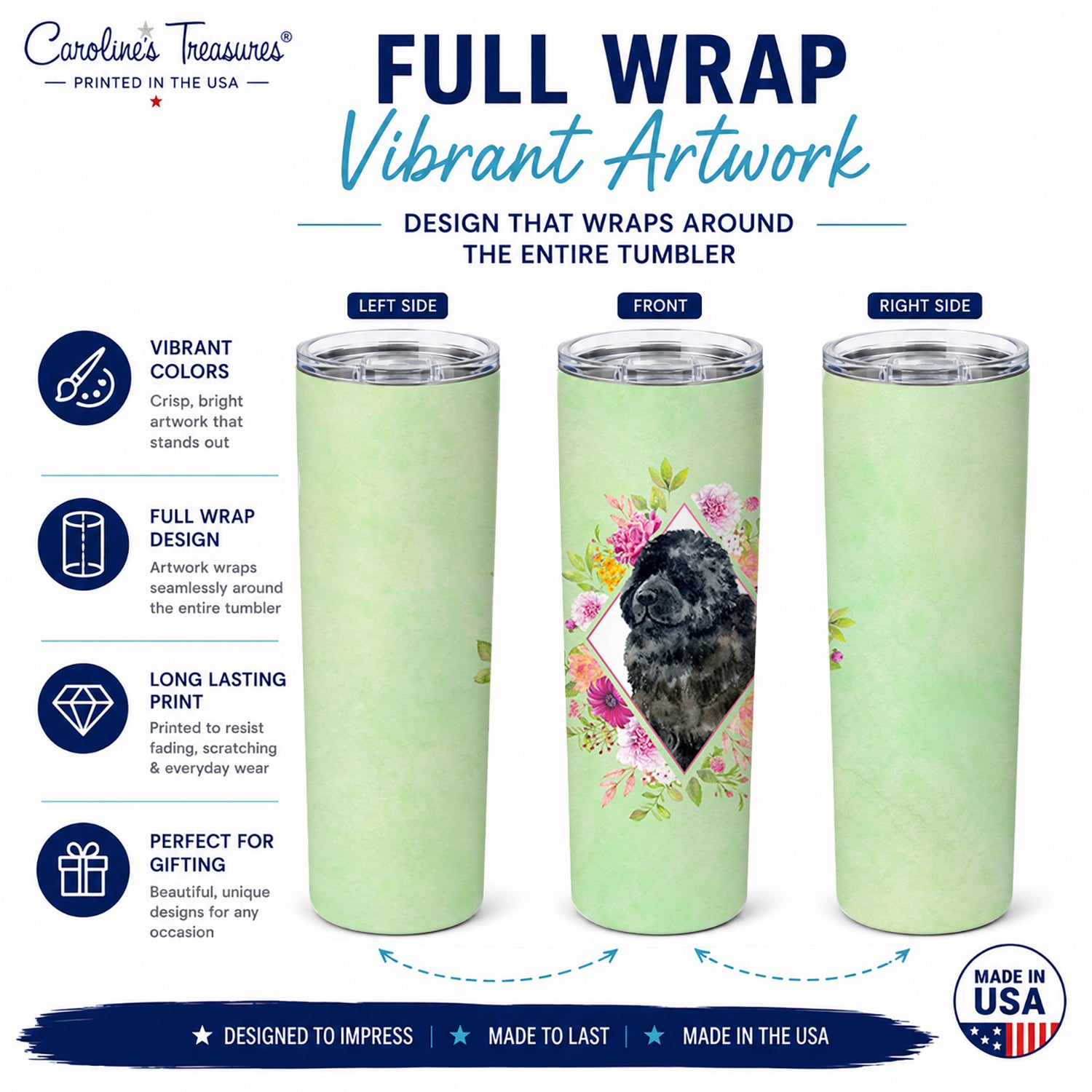 Newfoundland Green Flowers Stainless Steel Skinny Tumbler 20 oz Vacuum Double Walled Reusable Insulated Travel Cup