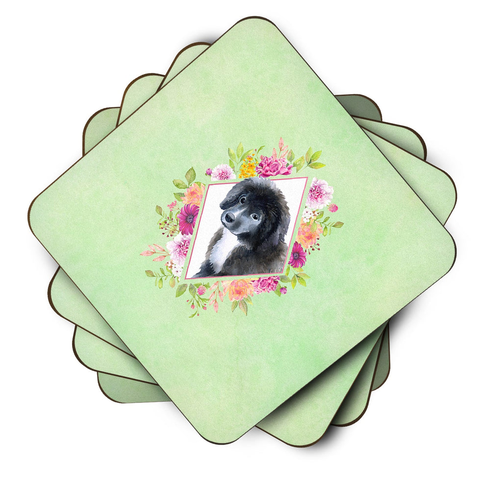 Newfoundland Puppy Green Flowers Foam Coasters Set of 4 Cup Coasters for Indoor Outdoor, Tabletop Protection, Anti Slip, Mouse pad Material
