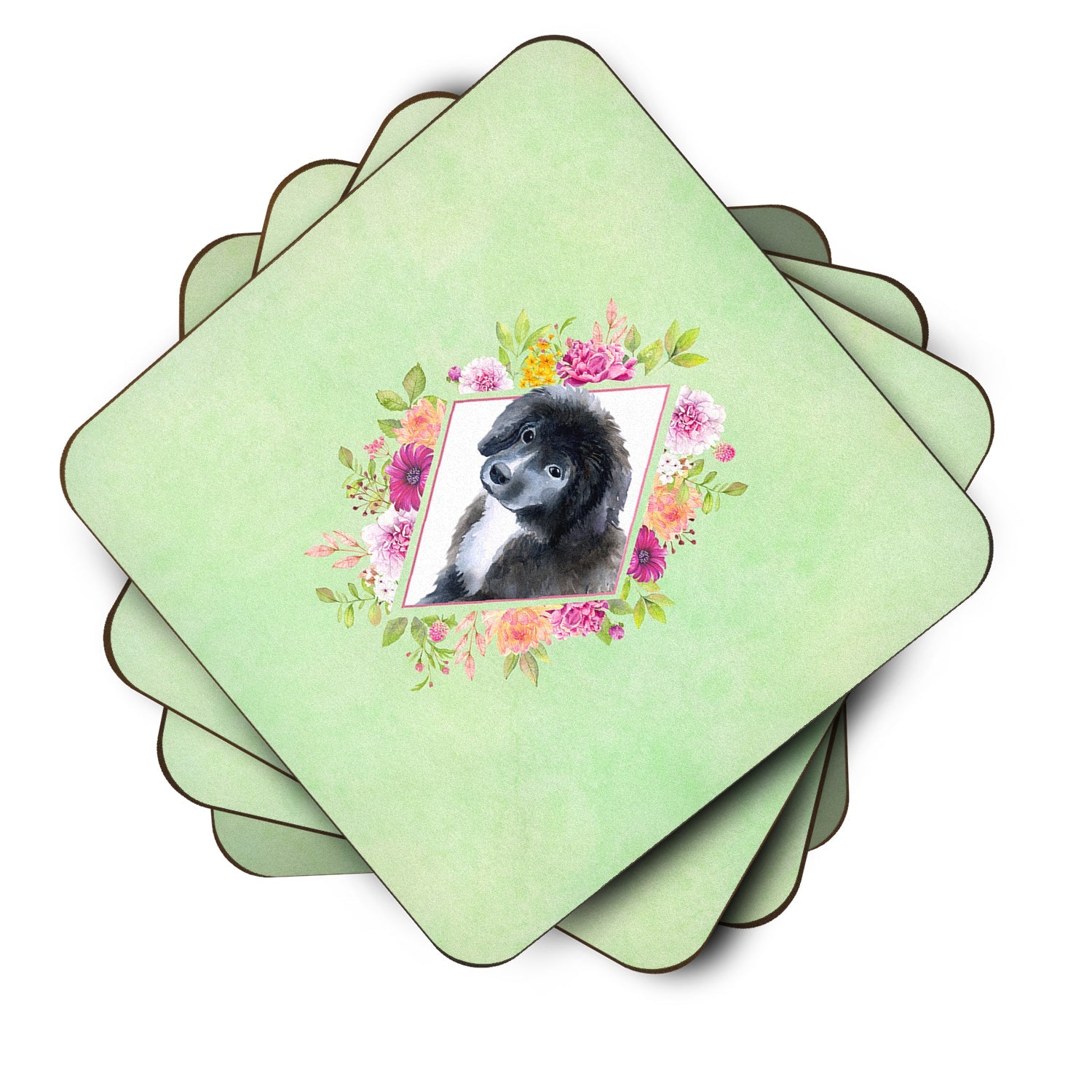 Newfoundland Puppy Green Flowers Foam Coasters Set of 4 Cup Coasters for Indoor Outdoor, Tabletop Protection, Anti Slip, Mouse pad Material
