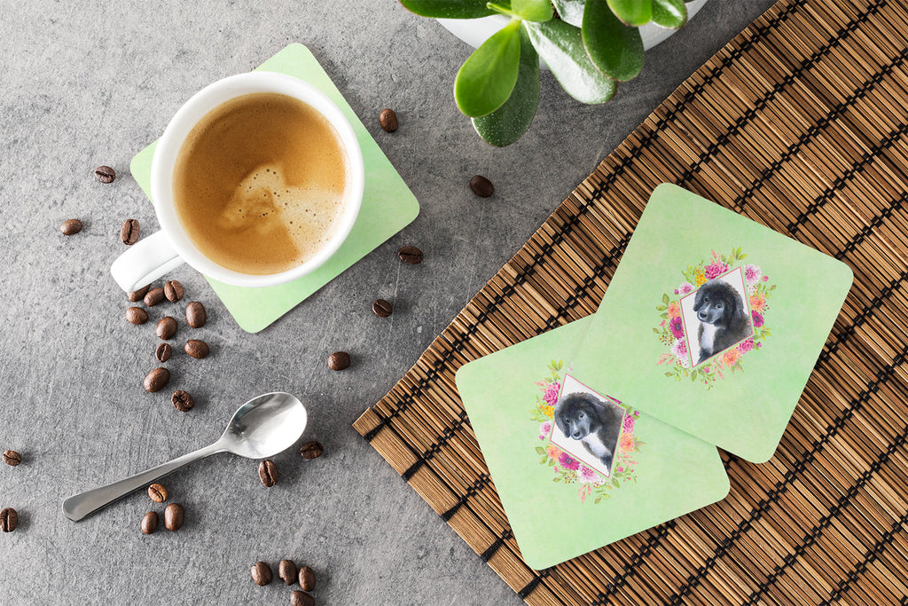 Newfoundland Puppy Green Flowers Foam Coasters Set of 4 Cup Coasters for Indoor Outdoor, Tabletop Protection, Anti Slip, Mouse pad Material