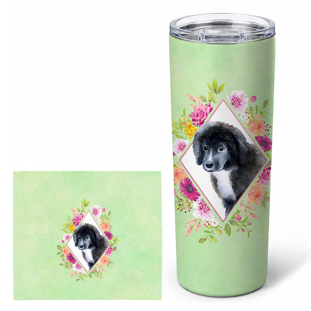 Newfoundland Puppy Green Flowers Stainless Steel Skinny Tumbler 20 oz Vacuum Double Walled Reusable Insulated Travel Cup