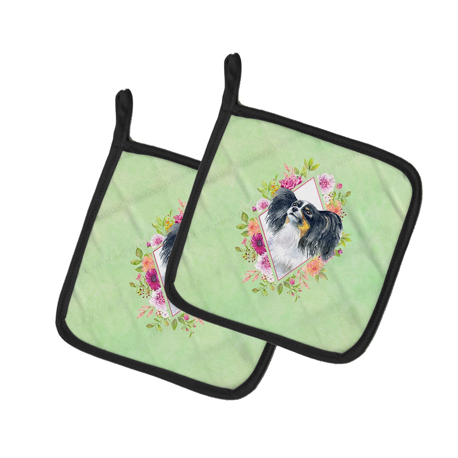 Papillon Green Flowers Pot Holder Set of 2 Heat Resistant Quilted Hot Pads 7.5 x 7.5 Inch, Insulated Kitchen Trivets for Cooking & Baking