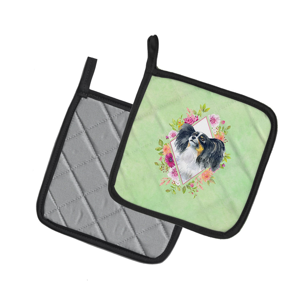 Papillon Green Flowers Pot Holder Set of 2 Heat Resistant Quilted Hot Pads 7.5 x 7.5 Inch, Insulated Kitchen Trivets for Cooking & Baking