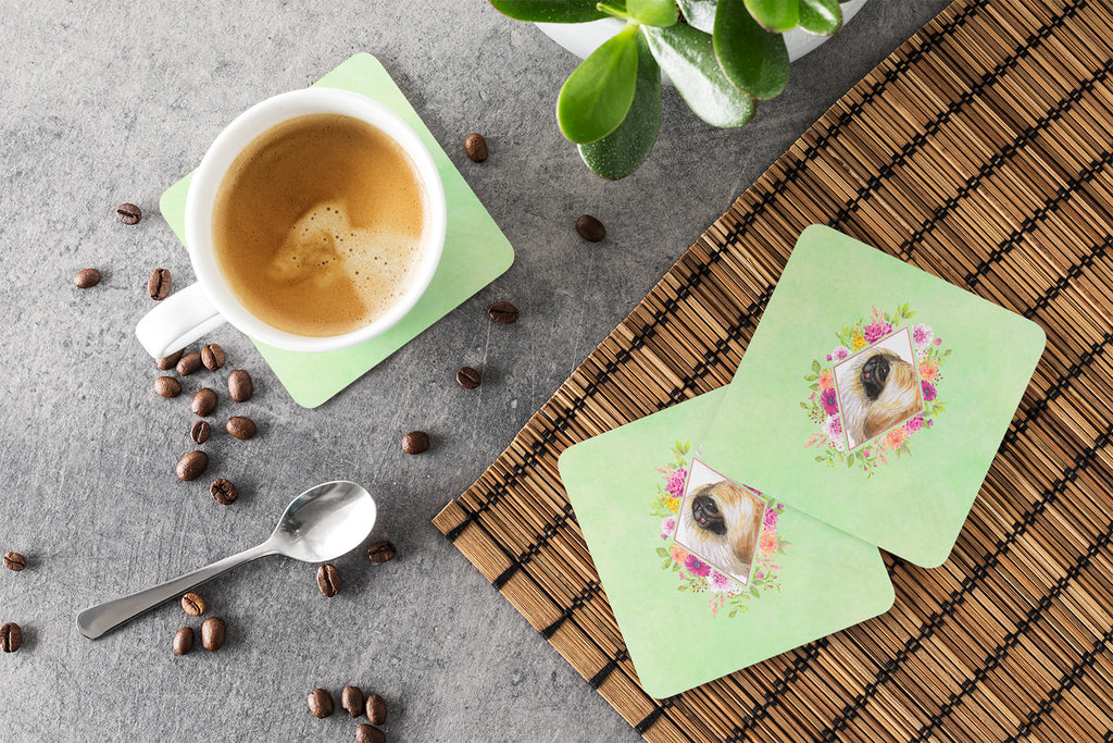 Pekingese Green Flowers Foam Coasters Set of 4 Cup Coasters for Indoor Outdoor, Tabletop Protection, Anti Slip, Mouse pad Material