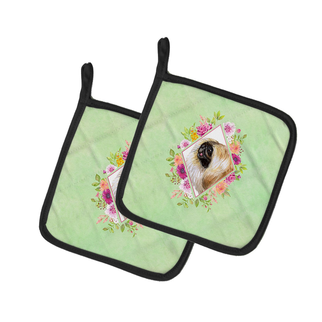 Pekingese Green Flowers Pot Holder Set of 2 Heat Resistant Quilted Hot Pads 7.5 x 7.5 Inch, Insulated Kitchen Trivets for Cooking & Baking