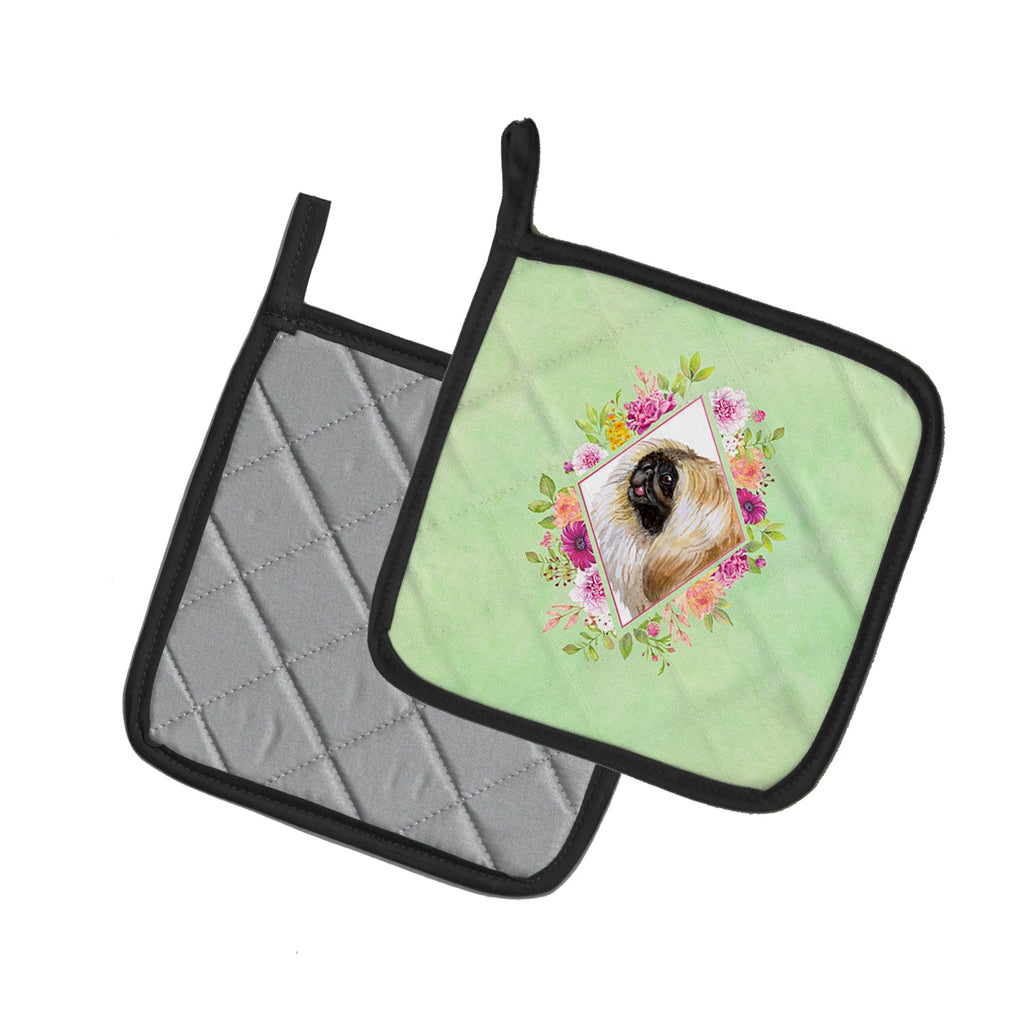 Pekingese Green Flowers Pot Holder Set of 2 Heat Resistant Quilted Hot Pads 7.5 x 7.5 Inch, Insulated Kitchen Trivets for Cooking & Baking