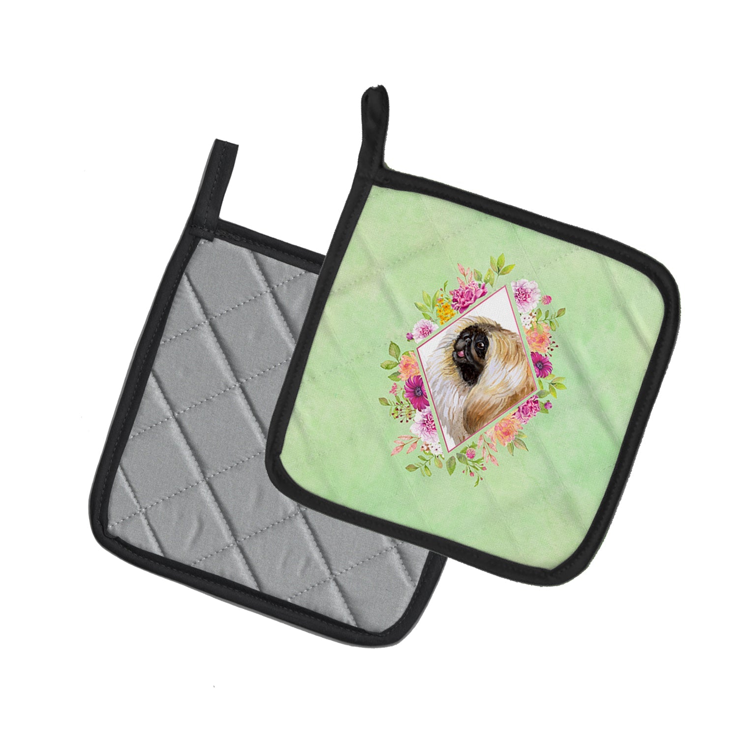 Pekingese Green Flowers Pot Holder Set of 2 Heat Resistant Quilted Hot Pads 7.5 x 7.5 Inch, Insulated Kitchen Trivets for Cooking & Baking