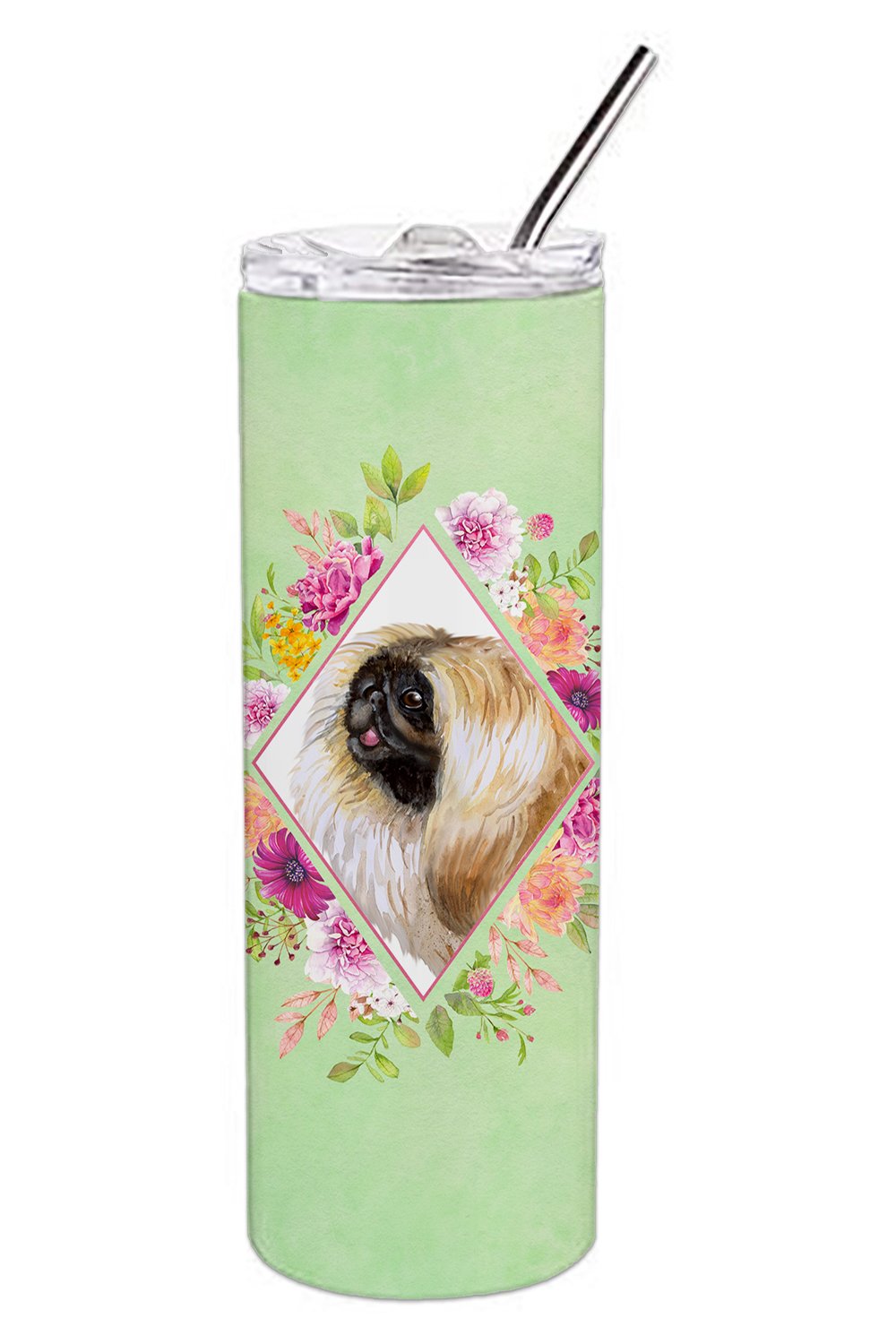 Pekingese Green Flowers Stainless Steel Skinny Tumbler 20 oz Vacuum Double Walled Reusable Insulated Travel Cup