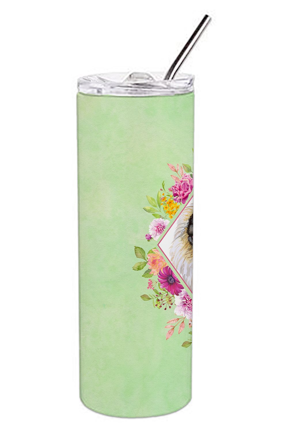 Pekingese Green Flowers Stainless Steel Skinny Tumbler 20 oz Vacuum Double Walled Reusable Insulated Travel Cup