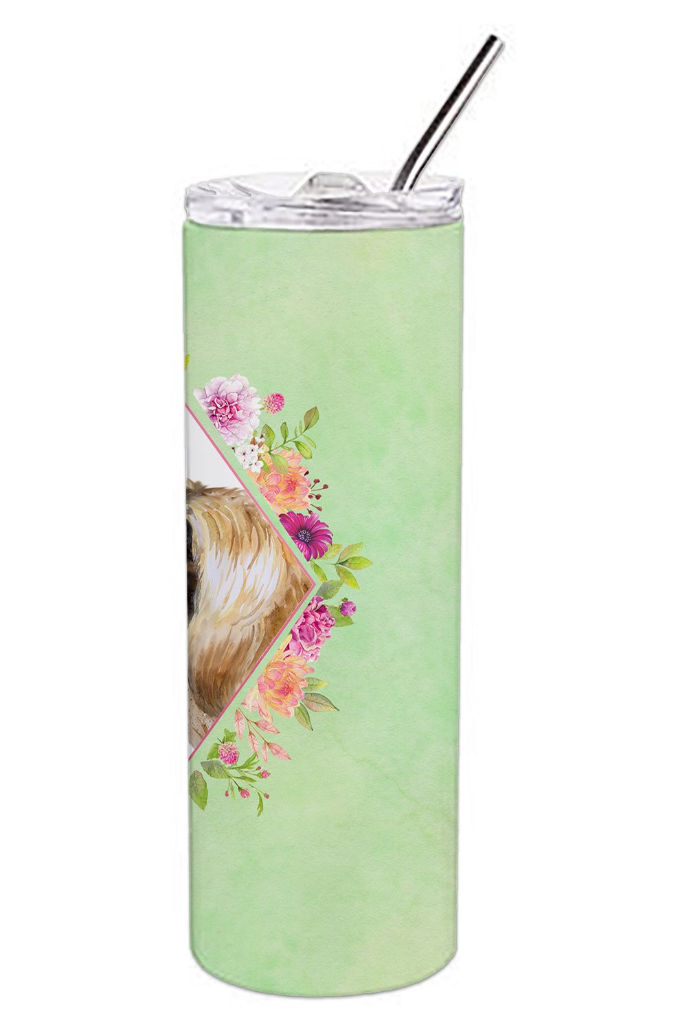 Pekingese Green Flowers Stainless Steel Skinny Tumbler 20 oz Vacuum Double Walled Reusable Insulated Travel Cup