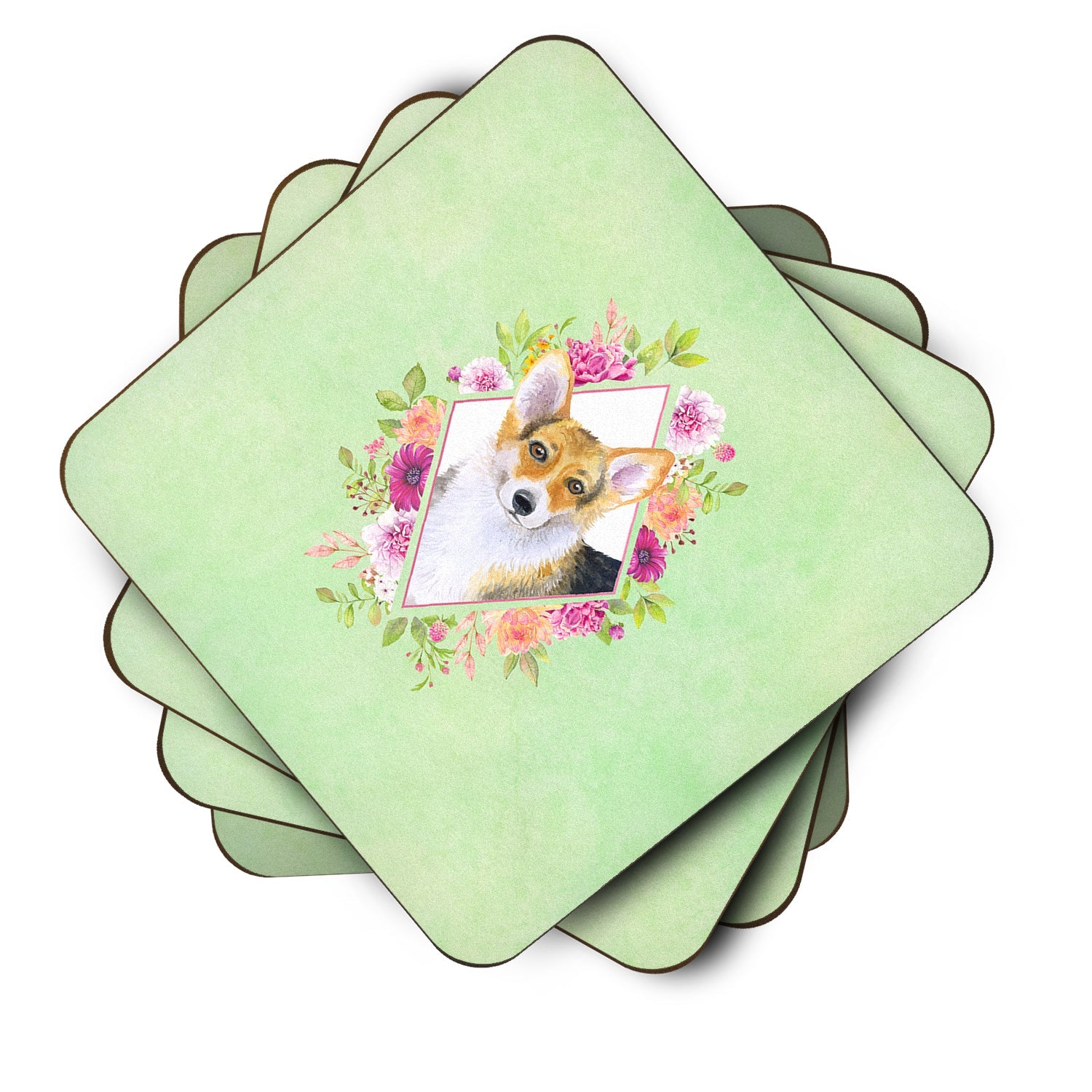 Corgi Green Flowers Foam Coasters Set of 4 Cup Coasters for Indoor Outdoor, Tabletop Protection, Anti Slip, Mouse pad Material