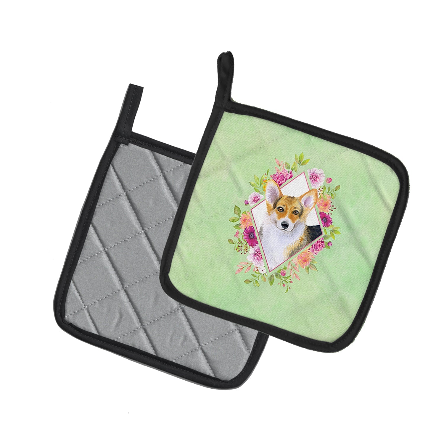 Corgi Green Flowers Pot Holder Set of 2 Heat Resistant Quilted Hot Pads 7.5 x 7.5 Inch, Insulated Kitchen Trivets for Cooking & Baking