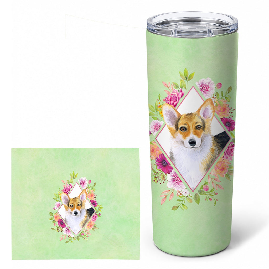 Corgi Green Flowers Stainless Steel Skinny Tumbler 20 oz Vacuum Double Walled Reusable Insulated Travel Cup