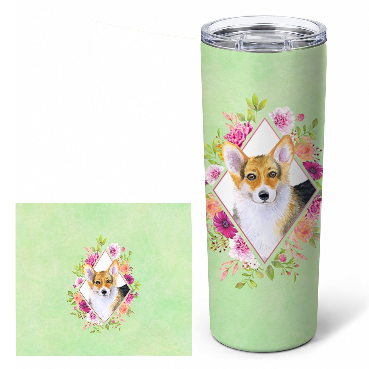 Corgi Green Flowers Stainless Steel Skinny Tumbler 20 oz Vacuum Double Walled Reusable Insulated Travel Cup