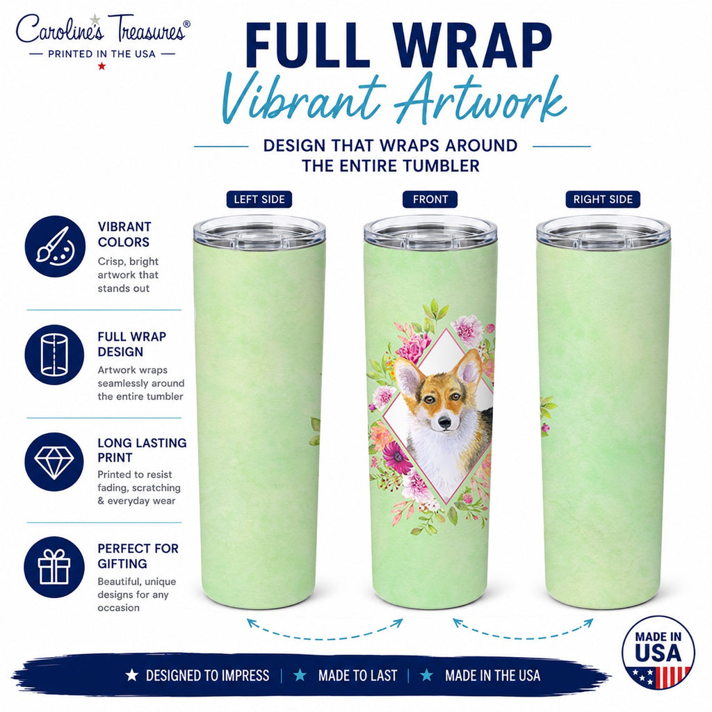Corgi Green Flowers Stainless Steel Skinny Tumbler 20 oz Vacuum Double Walled Reusable Insulated Travel Cup