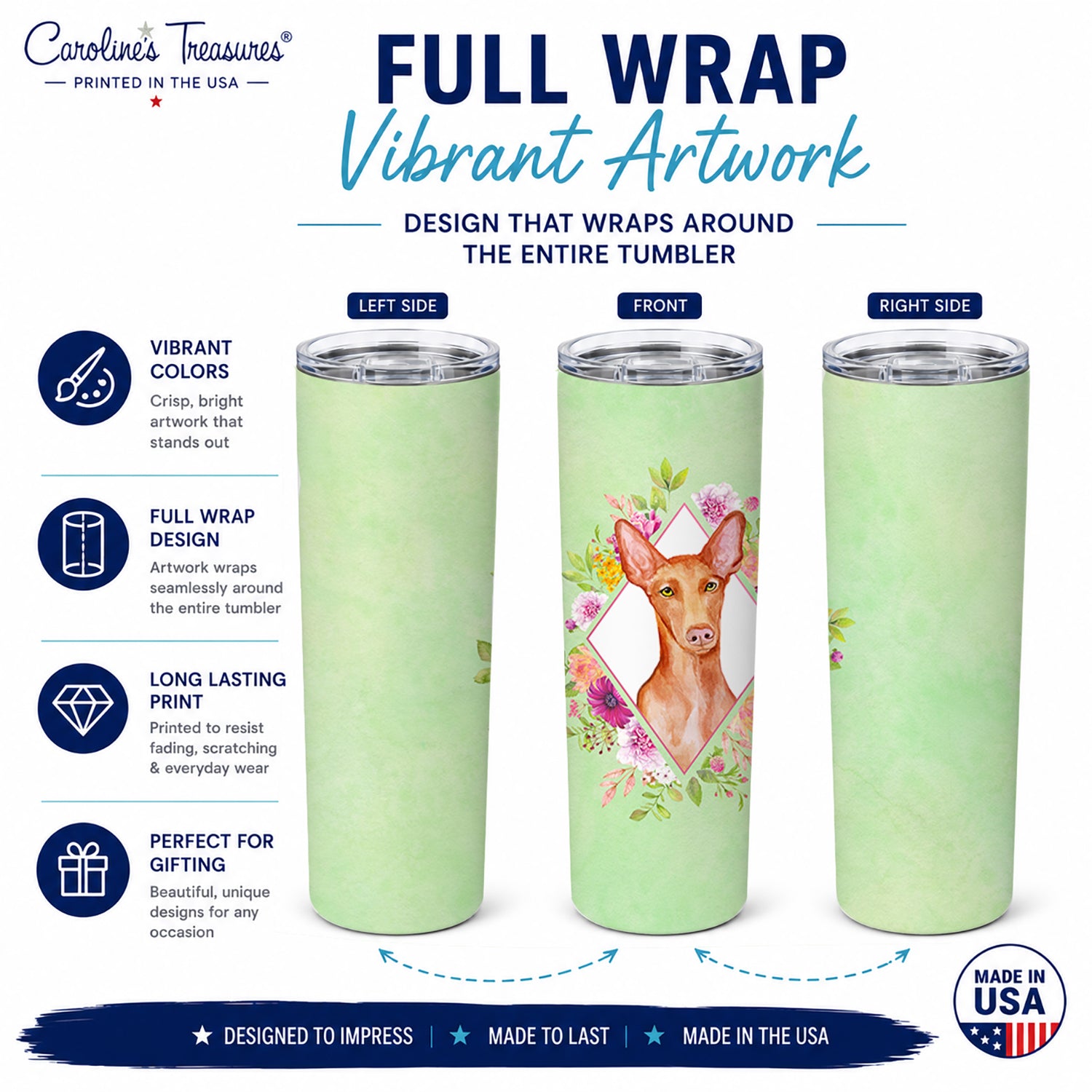 Pharaoh Hound Green Flowers Stainless Steel Skinny Tumbler 20 oz Vacuum Double Walled Reusable Insulated Travel Cup