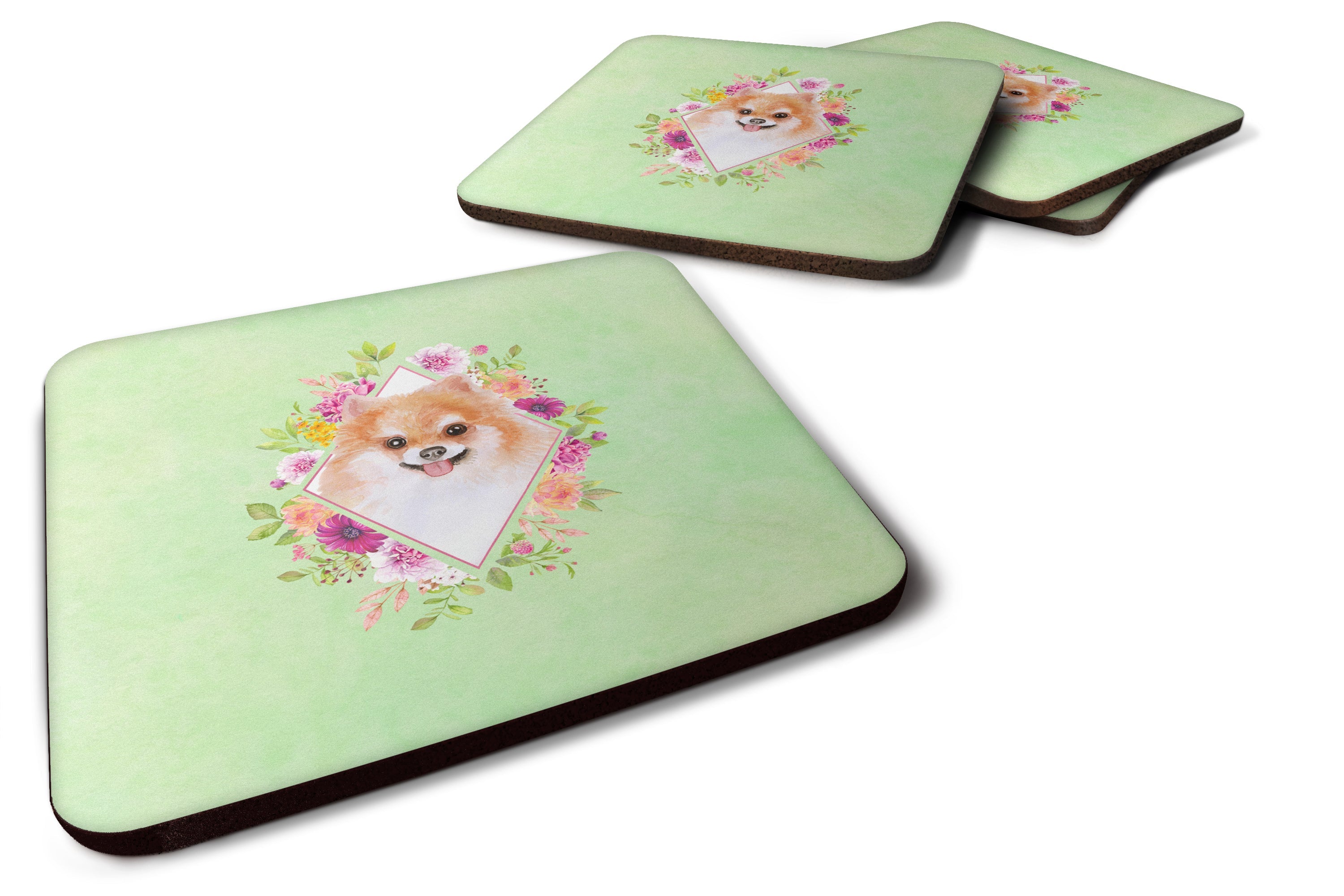 Pomeranian #1 Green Flowers Foam Coasters Set of 4 Cup Coasters for Indoor Outdoor, Tabletop Protection, Anti Slip, Mouse pad Material