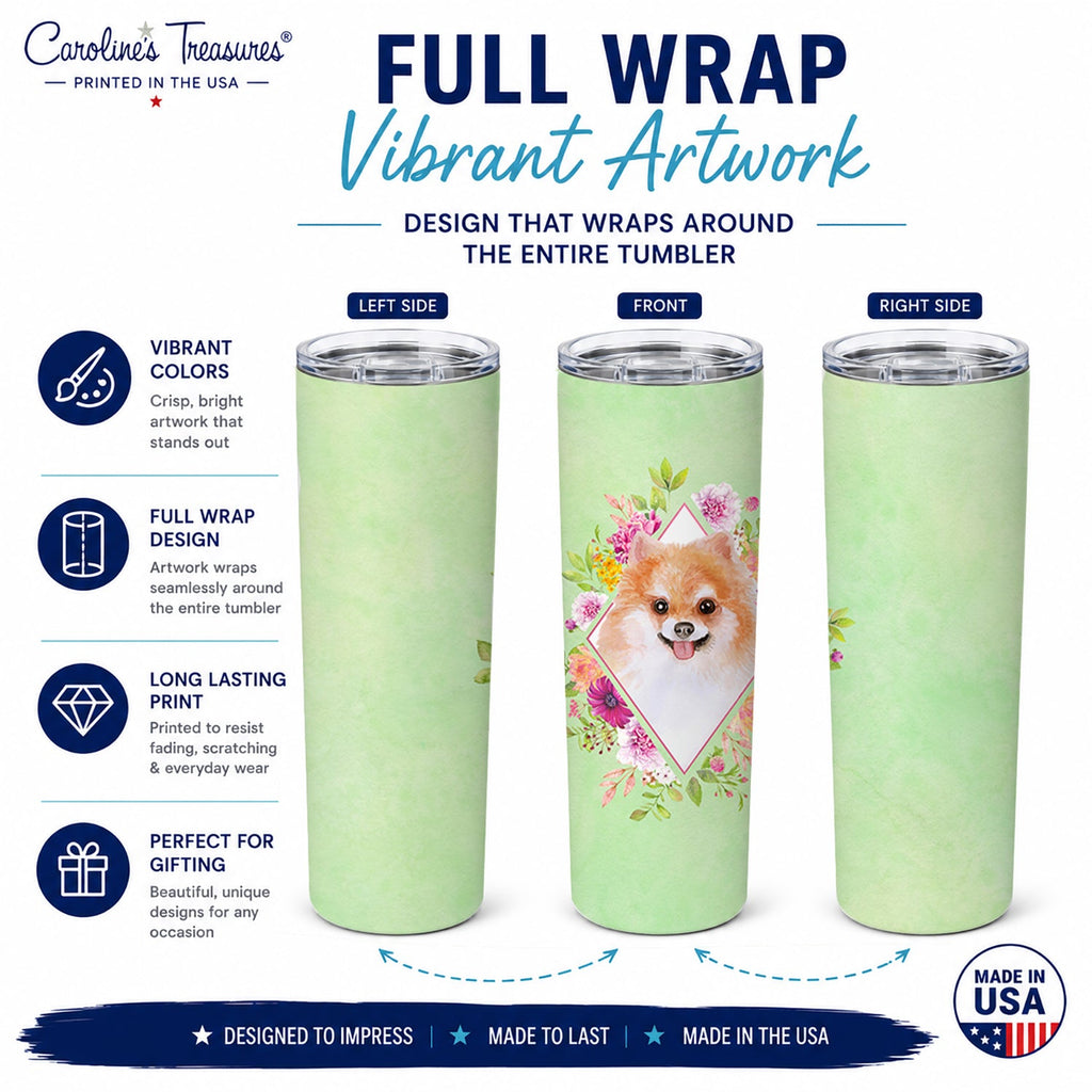 Pomeranian #1 Green Flowers Stainless Steel Skinny Tumbler 20 oz Vacuum Double Walled Reusable Insulated Travel Cup