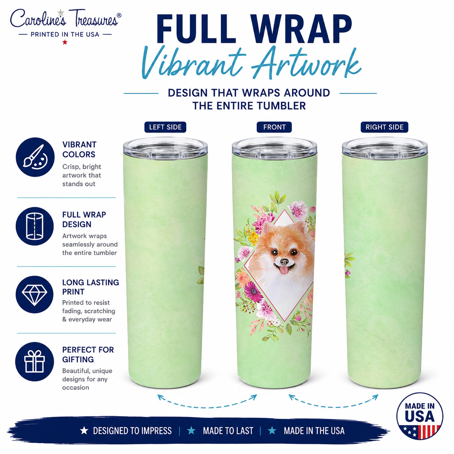 Pomeranian #1 Green Flowers Stainless Steel Skinny Tumbler 20 oz Vacuum Double Walled Reusable Insulated Travel Cup