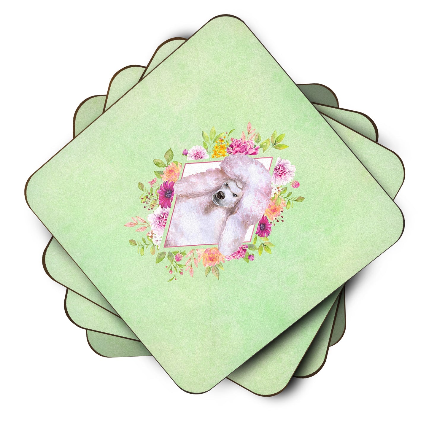 Standard White Poodle Green Flowers Foam Coasters Set of 4 Cup Coasters for Indoor Outdoor, Tabletop Protection, Anti Slip, Mouse pad Material