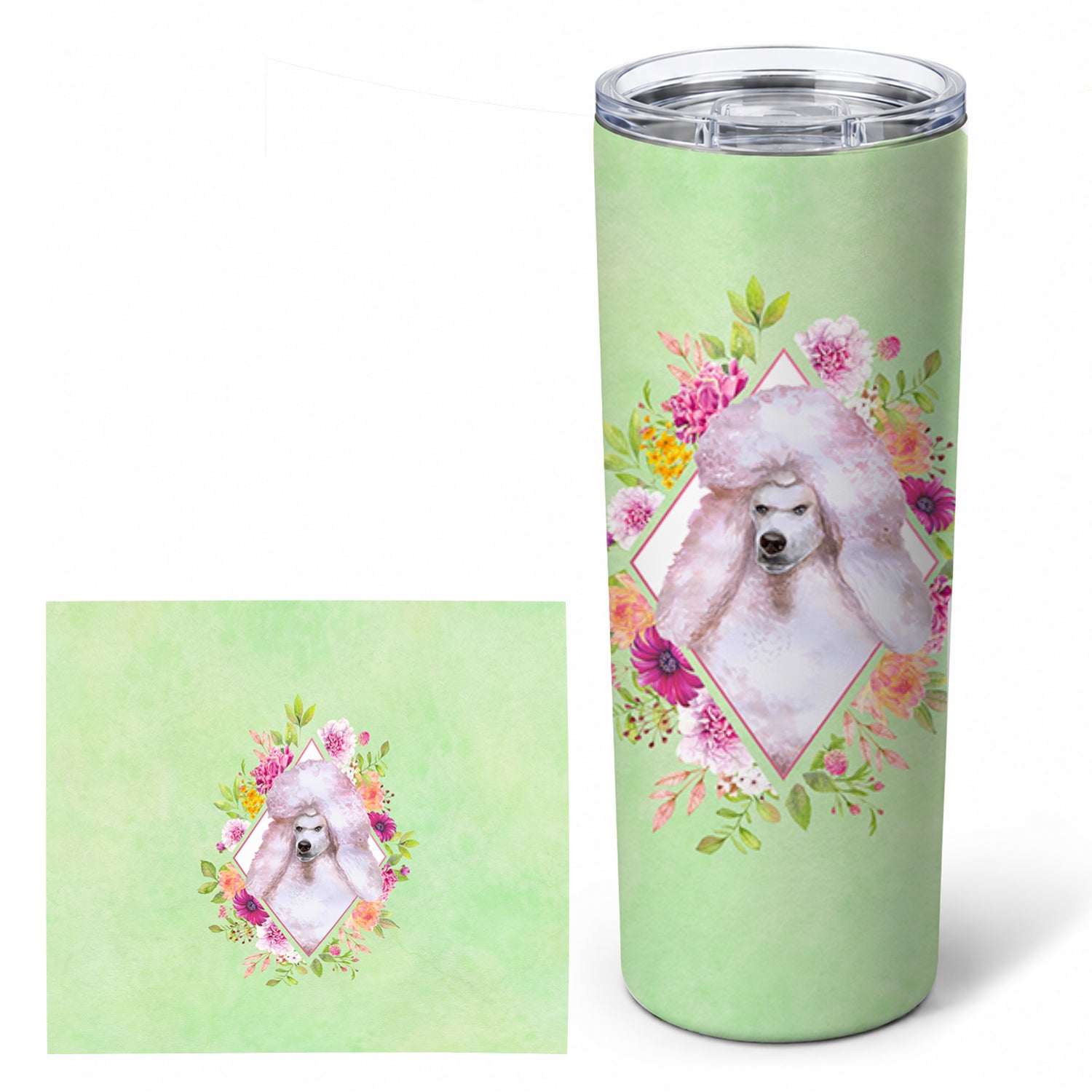 Standard White Poodle Green Flowers Stainless Steel Skinny Tumbler 20 oz Vacuum Double Walled Reusable Insulated Travel Cup