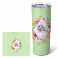 White Mini Poodle Green Flowers Stainless Steel Skinny Tumbler 20 oz Vacuum Double Walled Reusable Insulated Travel Cup