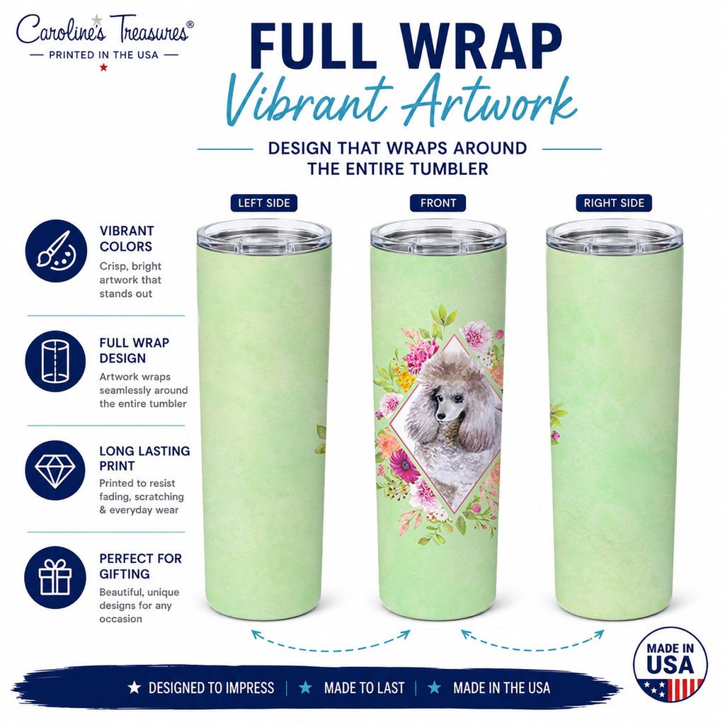 Standard Grey Poodle Green Flowers Stainless Steel Skinny Tumbler 20 oz Vacuum Double Walled Reusable Insulated Travel Cup