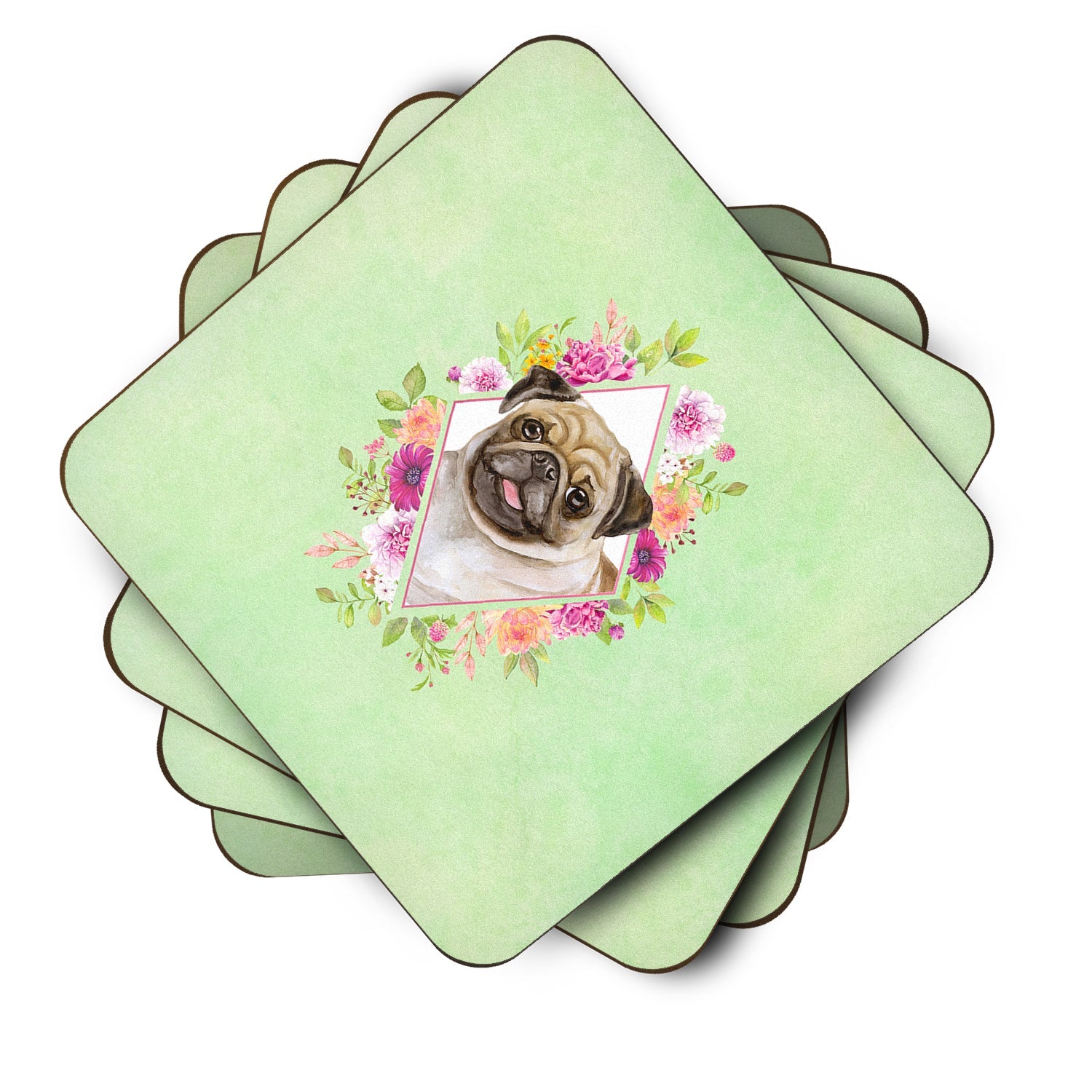 Fawn Pug Green Flowers Foam Coasters Set of 4 Cup Coasters for Indoor Outdoor, Tabletop Protection, Anti Slip, Mouse pad Material