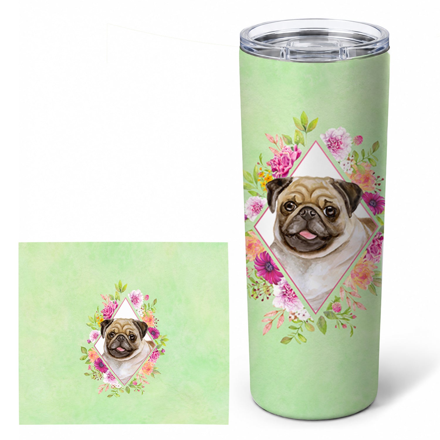 Fawn Pug Green Flowers Stainless Steel Skinny Tumbler 20 oz Vacuum Double Walled Reusable Insulated Travel Cup